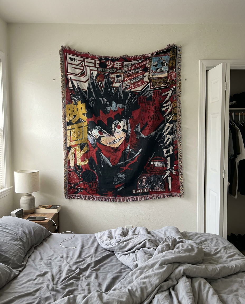 Black Clover Asta tapestry above a bed