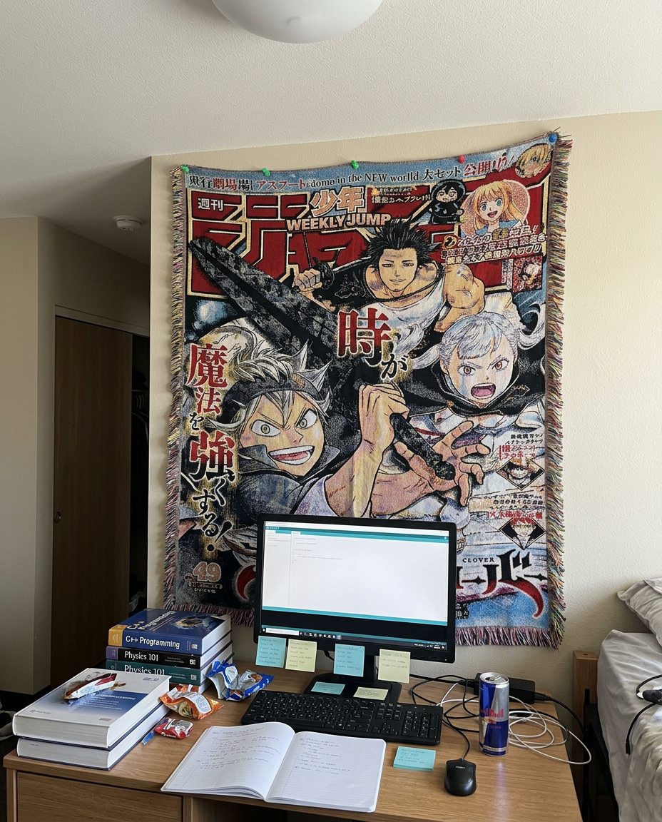Black Bulls tapestry above a dorm desk