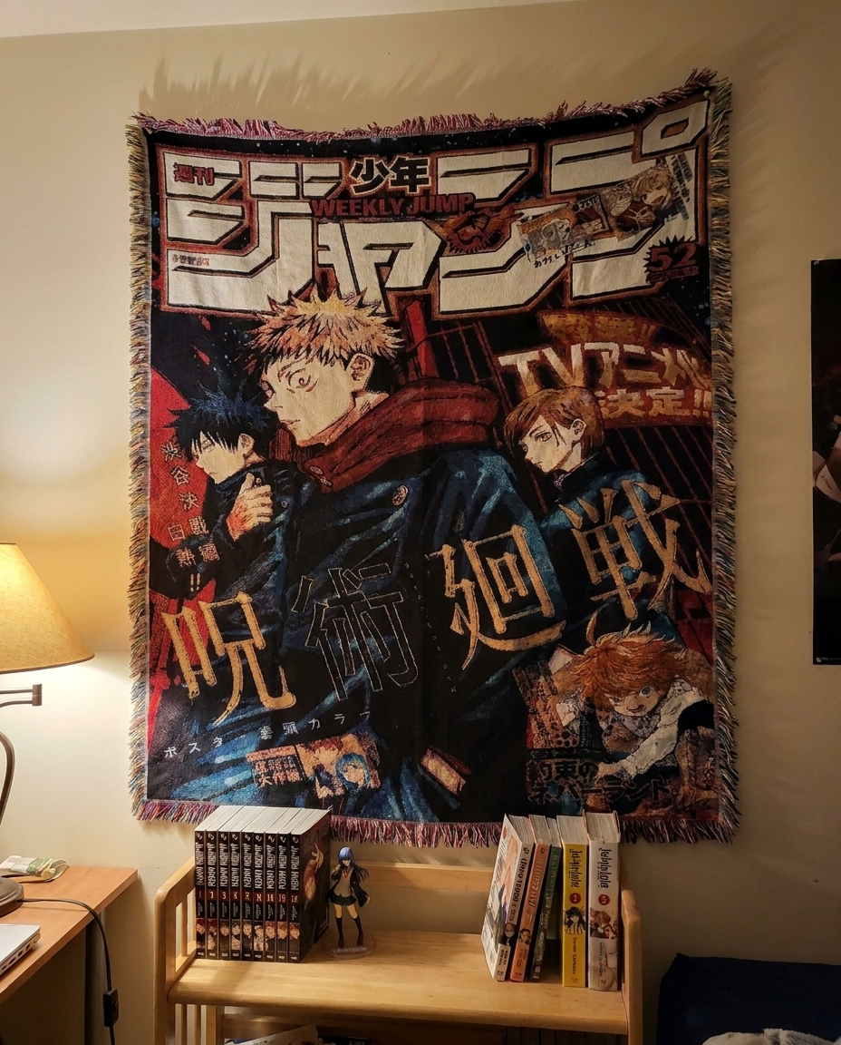 Jujutsu Kaisen tapestry above a shelf
