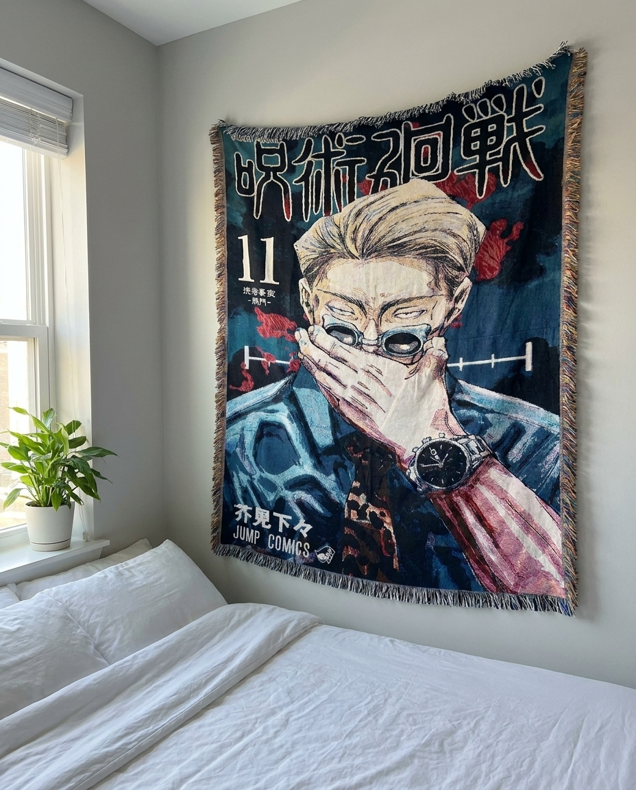 Nanami tapestry above a bed in morning light